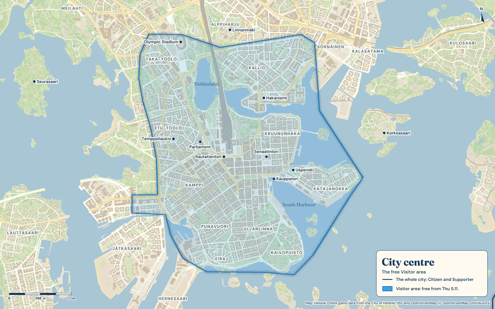 Map of the city centre in Helsinki Online: the free Visitor area shaded blue, from Kamppi and Töölö to Kallio, Katajanokka and Kaivopuisto