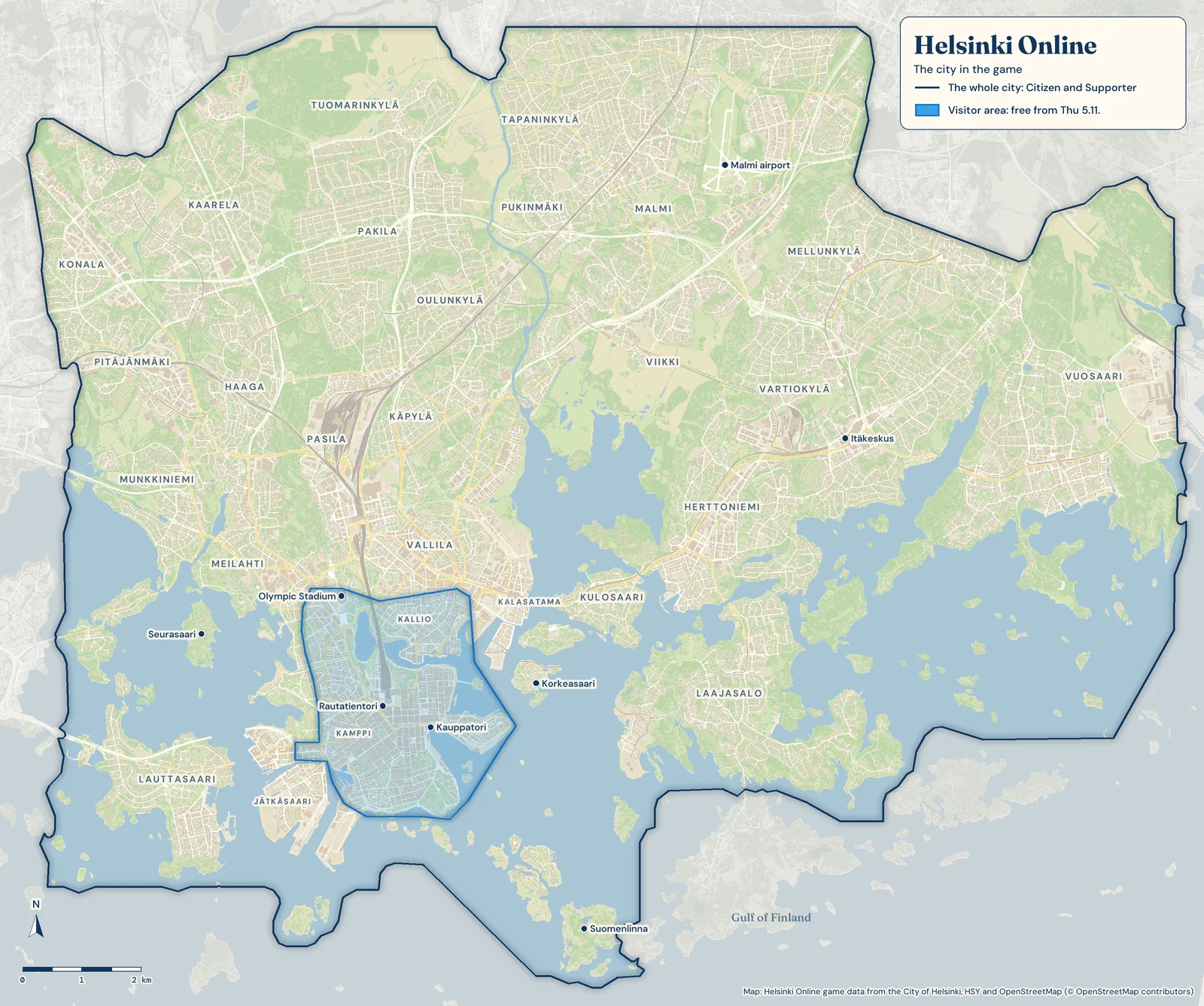 Map of Helsinki Online: the whole city of Helsinki inside the game border, with the free Visitor area in the city centre shaded blue