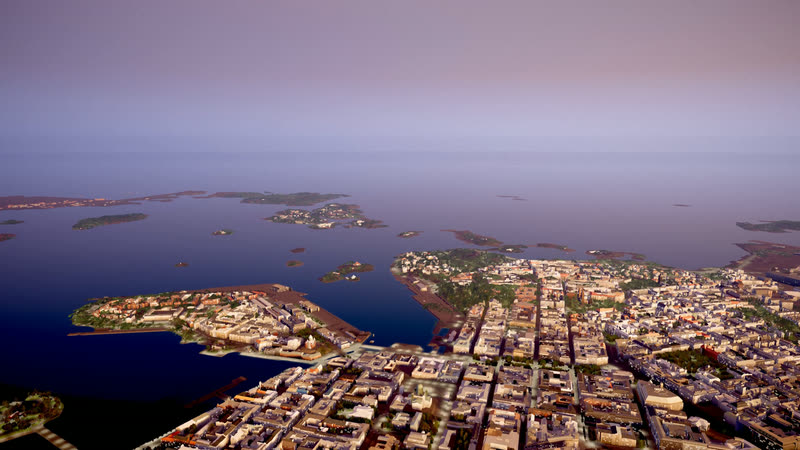 Central Helsinki and the islands from above on a summer evening