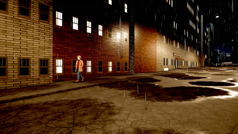 A person walking down a wet street in Kallio on a rainy night