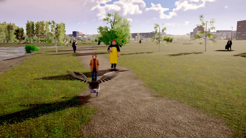 Flying low as a goose over a park path, people walking ahead