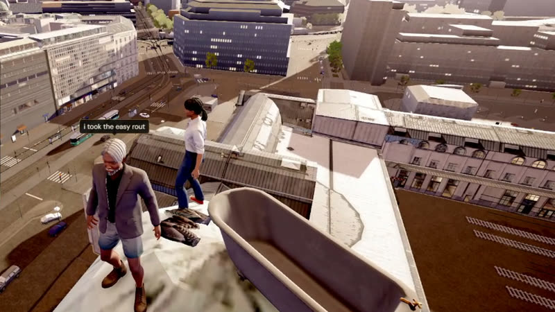 Two players on a roof in the city centre next to a bathtub