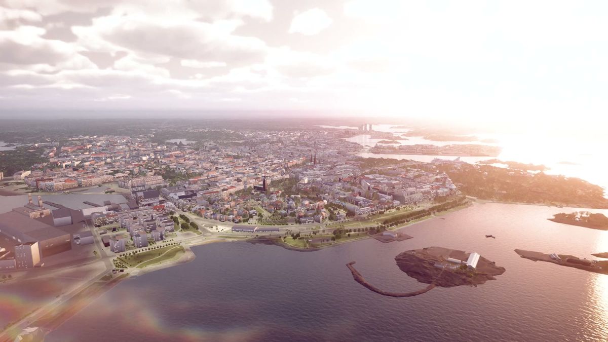 Flying over the Helsinki shoreline at sunset